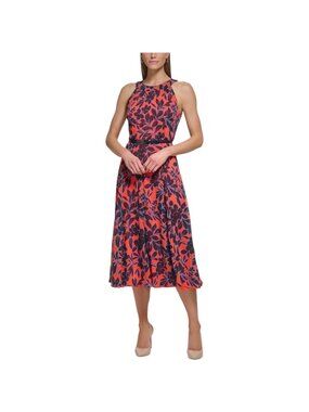 Tommy Hilfiger NWOT Women's Red Floral Chiffon Halter Midi Dress, Belt Size 24W